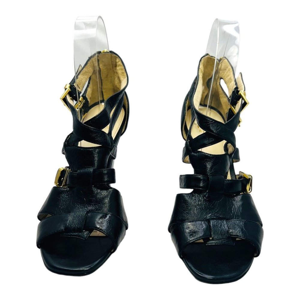 Saks Fifth Avenue Lyle Black Leather Heels Strappy Zip Open Toe Pumps 6.5M - Picture 2 of 13